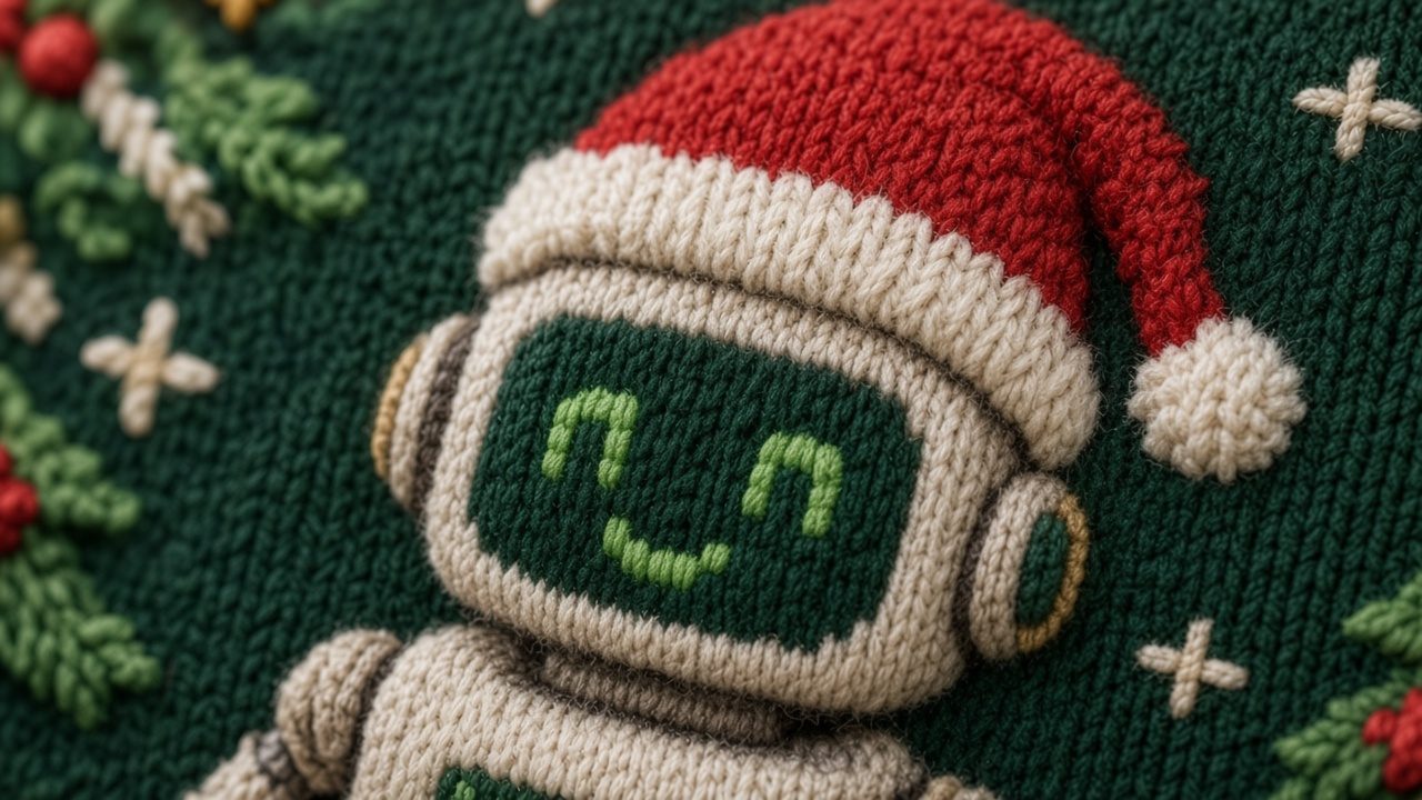 Close-up of jacquard knit stitches on a robot in a Santa hat