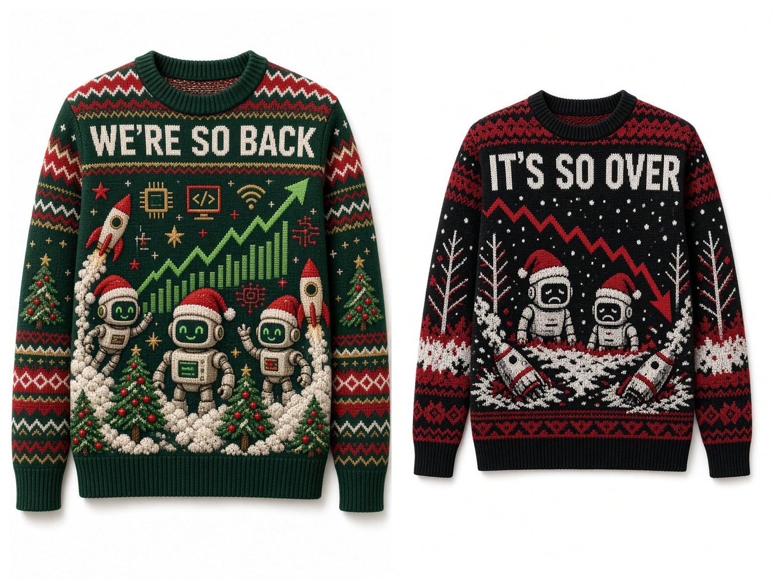 We're So Back and It's So Over sweaters side by side